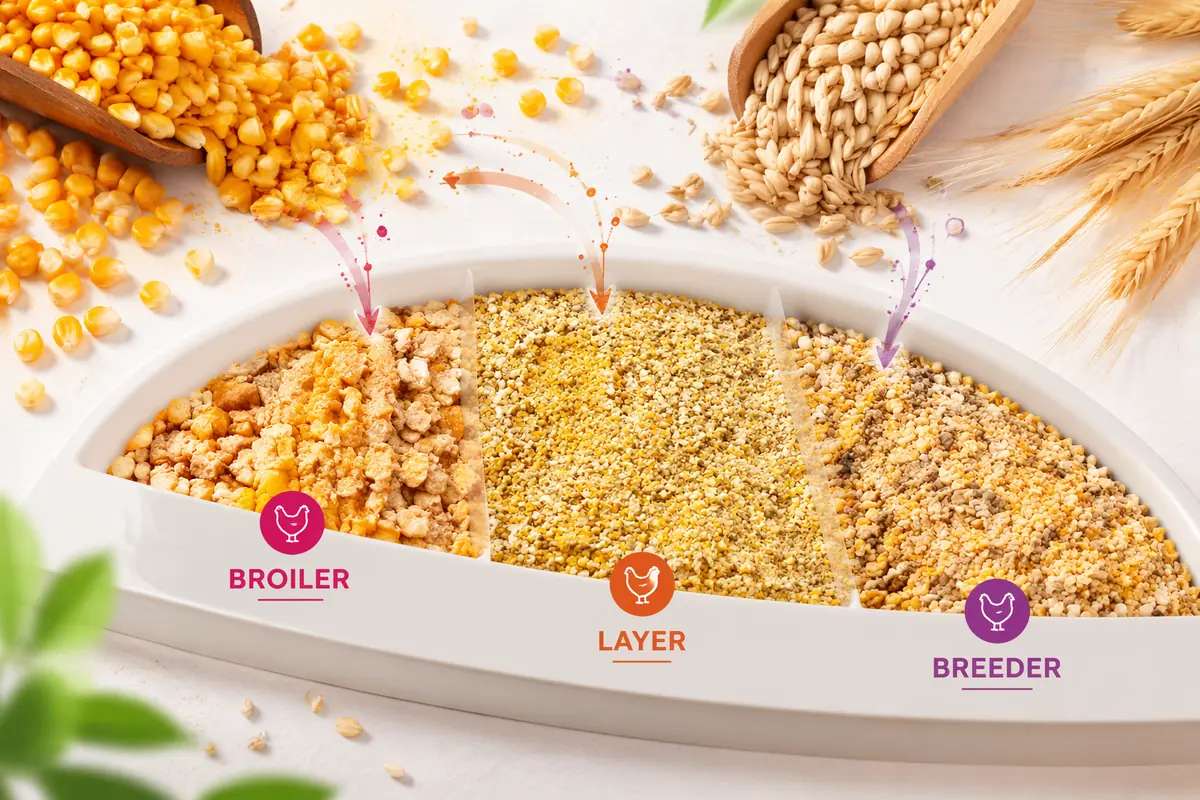 Broiler, layer and breeder feed side by side with maize and wheat