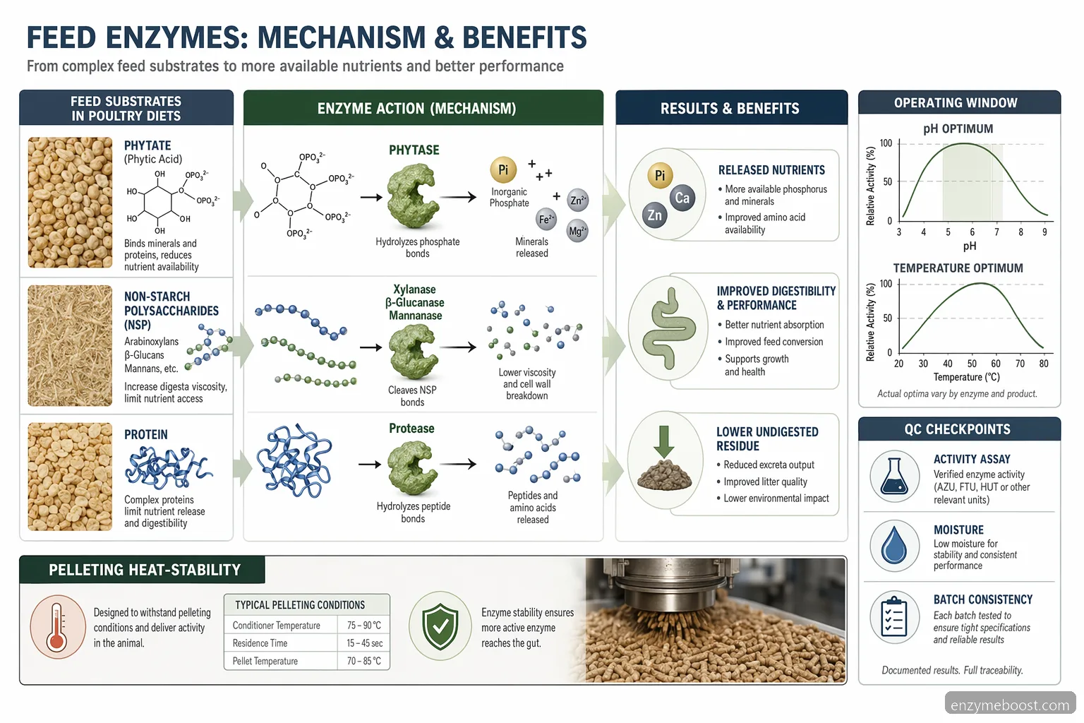 feed enzymes poultry feed mechanism diagram with pH and temperature ranges, substrate conversion, and QC checkpoints