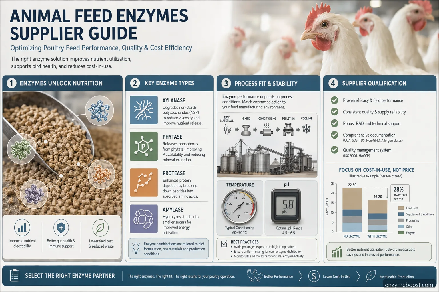 feed enzymes poultry feed supplier guide infographic showing enzyme types, QC, pilot validation, and cost-in-use